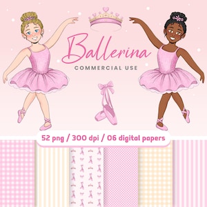 Ballerinas Pink Cute clipart PNG Party decor Ballet Dancer Birthday invitation African American ballerina Tutu Bundle Dancing Girl Pattern