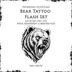 Può includere: Un set di flash per tatuaggi professionali con un'illustrazione in bianco e nero di una testa di orso ringhiante. Il testo recita: PROFESSIONAL TATTOO FLASH, BEAR TATTOO FLASH SET, PDF LETTER + PNG + SVG, WHITE, TRANSPARENT & MIRRORED FILES, 5000 X 5000 PX.