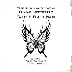 Flame Butterfly Tattoo Flash Pack, Fire Butterfly Tattoo, Gothic Butterfly Stencil, Blackwork Tattoo Design, PNG PDF