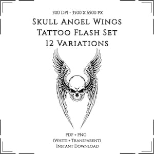 Könnte beinhalten: Schwarz-weiße Illustration eines Schädels mit Engelsflügeln. Der Text lautet "SKULL ANGEL WINGS TATTOO FLASH SET 12 VARIATIONS". Verfügbar in PDF- und PNG-Formaten, mit weißen und transparenten Optionen, sofortiger Download.