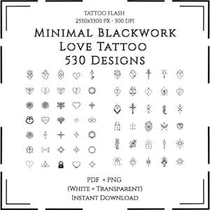 Puede incluir: Una lámina de tatuajes en blanco y negro con el texto "MINIMAL BLACKWORK LOVE TATTOO 530 DESIGNS". La lámina presenta varios diseños de tatuajes pequeños, incluyendo corazones, llaves y estrellas. Los diseños son minimalistas.