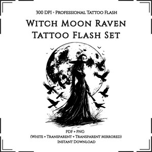 Set di tatuaggi flash con corvo e luna strega, stampabili in stile gotico, in formato PNG e PDF.