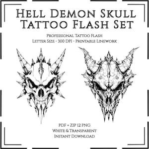 May include: Black and white tattoo flash set featuring two detailed demon skull designs. The text reads "HELL DEMON SKULL TATTOO FLASH SET" and includes details about the file format and instant download availability.