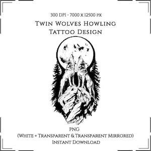 Puede incluir: Diseño de tatuaje en blanco y negro con dos lobos aullando a la luna. El diseño incluye una luna llena, pinos y un afloramiento rocoso. El texto en la parte superior dice "Twin Wolves Howling Tattoo Design."