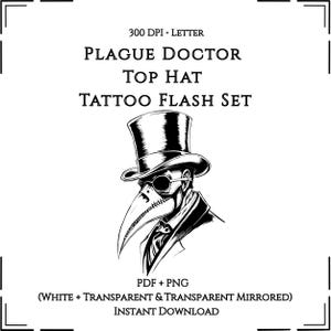 Puede incluir: Ilustración en blanco y negro de un médico de la peste con sombrero de copa y gafas redondas. La imagen incluye el texto "PLAGUE DOCTOR TOP HAT TATTOO FLASH SET" y "300 DPI • LETTER".
