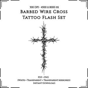May include: A monochrome illustration of a cross constructed from barbed wire. The image features the text "BARBED WIRE CROSS TATTOO FLASH SET" and information about the file format and instant download.