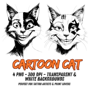 Cartoon Cat Tattoo Flash Set - Funny Smiling Cat Faces PNG and PDF - Line Art with Transparent and White Background
