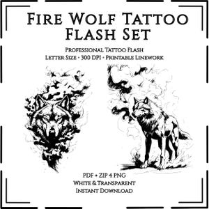 May include: A black and white tattoo flash set with two wolf designs. One shows a wolf's face in smoke, the other a full wolf standing. Text reads "FIRE WOLF TATTOO FLASH SET". Includes "PDF + ZIP 4 PNG" and "INSTANT DOWNLOAD".
