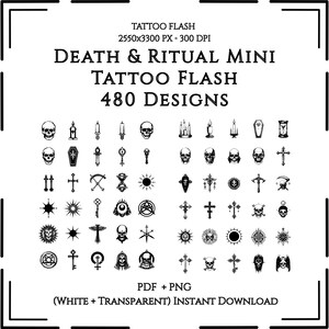 Puede incluir: Una descarga digital en blanco y negro con 480 diseños de tatuajes con temática de muerte y rituales. Los diseños incluyen calaveras, cruces, llaves y otros símbolos de inspiración gótica. El texto dice "DEATH & RITUAL MINI TATTOO FLASH".