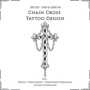 Könnte beinhalten: Ein schwarz-weiß Tattoo-Design eines Kettenkreuzes. Das Kreuz ist aufwendig mit Ketten und dekorativen Elementen detailliert. Das Design enthält den Text "CHAIN CROSS TATTOO DESIGN" und "PNG INSTANT DOWNLOAD".