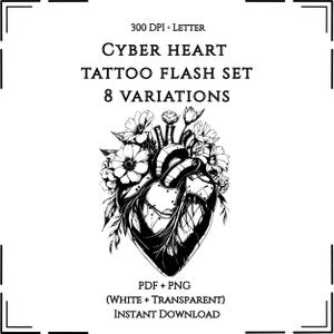 Ensemble de motifs de tatouage Cyber Heart – 8 modèles biomécaniques en noir et blanc – Pack PNG pour tatoueurs
