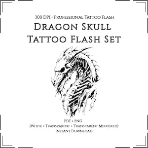 Dragon Skull Tattoo Flash Set, Skeletal Dragon Tattoo Designs, Blackwork Dragon Tattoo, Printable Tattoo Stencil Pack
