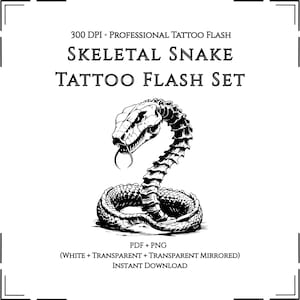Skeletal Snake Tattoo Flash Set, Snake Skeleton Tattoo Designs, Blackwork Bone Serpent Tattoo, Printable Tattoo Stencil Pack