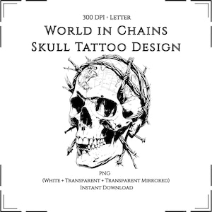 Diseño de tatuaje de calavera de Mundo encadenado | Línea de Blackwork con alambre de púas y tierra