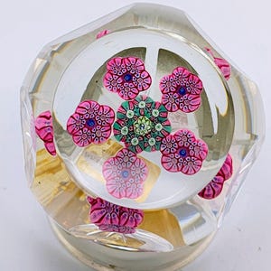 Può includere: Un fermacarte in vetro trasparente con esterno sfaccettato. All'interno, sono visibili motivi floreali rosa e verdi con centri blu. Il fermacarte ha una base rotonda e un aspetto chiaro e lucido.