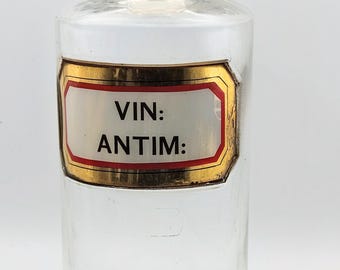 Late Victorian/ Edwardian apothecary/Chemist's  bottle by York Glass Company stopper and recessed gilt label VIN ANTIM: