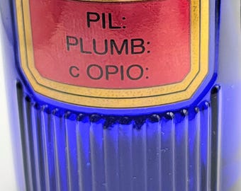 Vintage Cobalt Blue Apothecary Bottle 'Pil Plumb C Opio' Royal Pharmaceutical Society Commission 1960s Rare collectable Glass