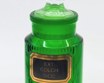Vintage Green Apothecary Bottle ' EXT COLCH SICC"' Royal Pharmaceutical Society Commission 1960s Rare collectable Glass