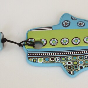 Large Hamsa wall hanging in green, aqua and brown, polymer clay, wall decor, made in Israel image 4