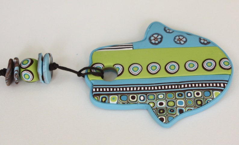 Large Hamsa wall hanging in green, aqua and brown, polymer clay, wall decor, made in Israel image 4