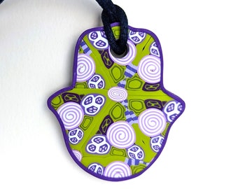 Fun Small Hamsa Wall Hanging, Purple and Green, Polymer Clay, Millefiori, Judaica, Home decor, made in Israel