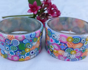 Polymer Clay and Glass Shabbat Candlesticks - Handmade in Israel, Colorful, Bat Mitzva gift, Tea Light Holders, Unique Gift Idea
