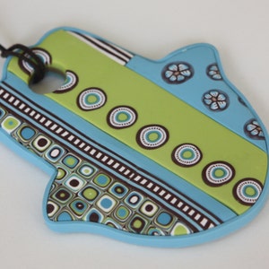 Large Hamsa wall hanging in green, aqua and brown, polymer clay, wall decor, made in Israel image 2