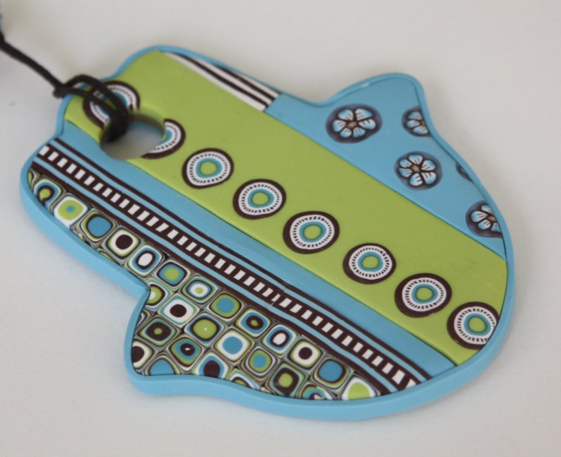 Large Hamsa wall hanging in green, aqua and brown, polymer clay, wall decor, made in Israel image 2