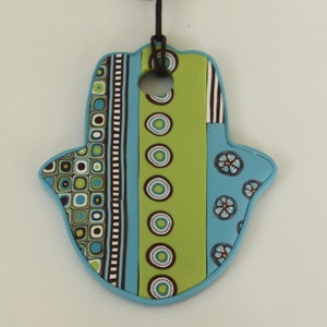 Large Hamsa wall hanging in green, aqua and brown, polymer clay, wall decor, made in Israel image 3