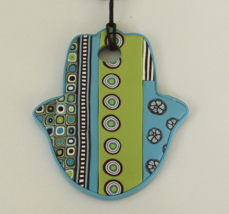 Large Hamsa wall hanging in green, aqua and brown, polymer clay, wall decor, made in Israel image 3