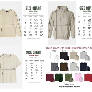 May include: Image showing size charts for Gildan 18500 sweatshirts and hoodies, and Gildan 5000 t-shirts. Includes measurements for width, length, and sleeve length in inches. A color chart displays available colors like white, black, and sand.