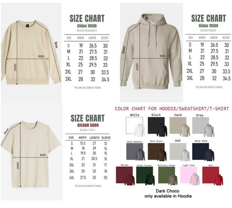 May include: Image showing size charts for Gildan 18500 sweatshirts and hoodies, and Gildan 5000 t-shirts. Includes measurements for width, length, and sleeve length in inches. A color chart displays available colors like white, black, and sand.