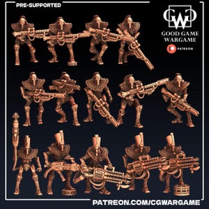 Könnte beinhalten: Eine Sammlung brauner Miniaturfiguren futuristischer Soldaten, die jeweils eine Waffe halten. Die Figuren sind in verschiedenen Posen dargestellt, mit detaillierter Rüstung und Kopfbedeckung. Der Text "PRE-SUPPORTED" und "GOOD GAME WARGAME PATREON" ist enthalten.