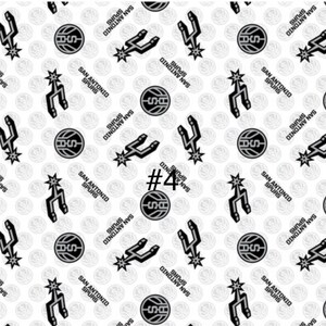 K&ouml;nnte beinhalten: Wei&szlig;er Stoff mit einem sich wiederholenden Muster aus schwarzen San Antonio Spurs Logos, Basketb&auml;llen und dem Text "SAN ANTONIO SPURS". Die Nummer "#4" ist ebenfalls sichtbar. Ideal f&uuml;r Sportprojekte.