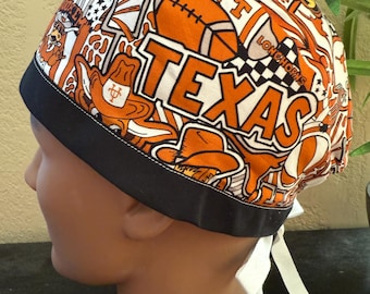 TX Longhorns Scrub Cap RARE out of print Fabric - 2 Sizes, Button Option (D-101)