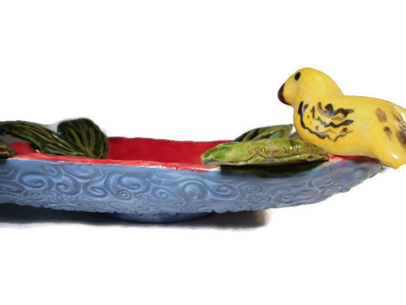 Handbuilt Red Dish with Bird and Leaves