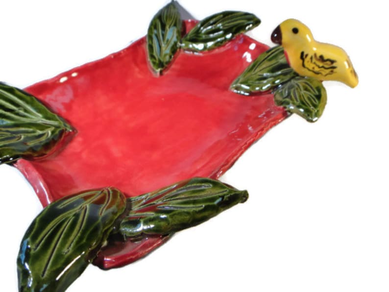 Handbuilt Red Dish with Bird and Leaves
