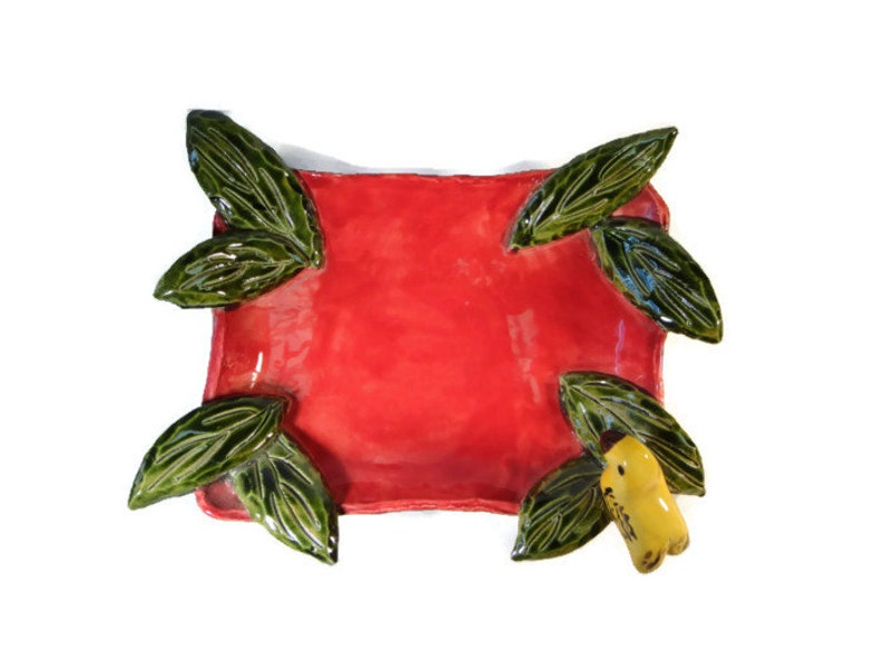 Handbuilt Red Dish with Bird and Leaves