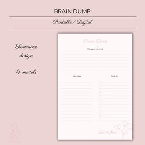 Op de afbeelding: Printbare brain dump planner met een vrouwelijk ontwerp. De planner heeft secties voor "Dingen in mijn hoofd", "Nieuwe ideeën" en "To do list". Hij bevat ook de tekst "Laat het stromen..."
