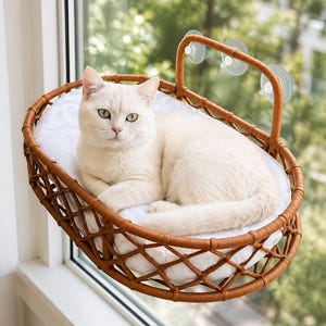 Könnte beinhalten: Eine helle Katze ruht in einem ovalen Weidenkorb-Bett. Der Korb hat einen Rahmen mit Gittermuster und ist mit drei transparenten Saugnäpfen an einem Glasfenster befestigt. Ein weiches weißes Kissen liegt im Inneren des Korbes.