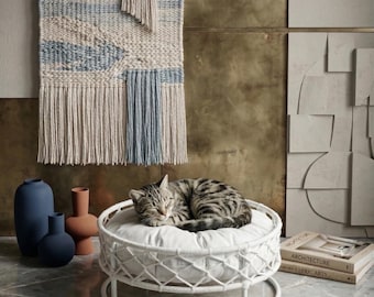 Fettah handgjord hund- och kattbädd av premiumkvalitet – rund husdjursbädd med kudde