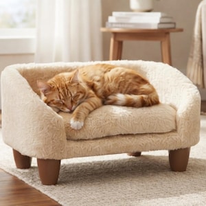 Sofá Aziz para mascotas, ideal para gatos y perros pequeños, cama de felpa, cama suave para gatos, sofá para perros, lugar acogedor para dormir (beige/gris).