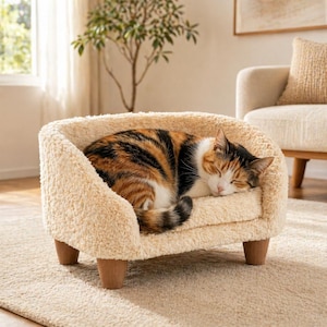 Könnte beinhalten: Eine schlafende Schildpattkatze ruht auf einem kleinen, cremefarbenen, plüschigen Haustiersofa. Das Sofa hat Holzbeine und eine abgerundete Rückenlehne. Das Fell der Katze ist eine Mischung aus Orange, Schwarz und Weiß. Die Szene spielt in einem gemütlichen, hellen Raum.