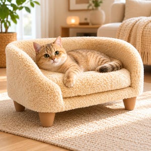 May include: A cream-coloured, plush cat sofa with a curved back and wooden legs. A tabby cat with golden fur is resting inside the bed. The cat bed is placed on a woven rug.