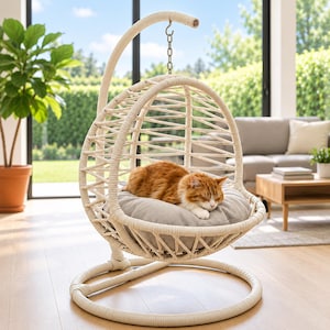 Könnte beinhalten: Ein cremefarbenes, eiförmiges hängendes Haustierbett mit geflochtenem Rahmen, das an einer Metallkette an einem geschwungenen Ständer hängt. Eine flauschige orange-weiße Katze schläft auf einem runden, hellgrauen Kissen.