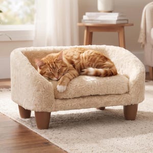 May include: A small, cream-colored, plush pet sofa with a soft, textured fabric surface and four sturdy, brown, tapered legs. An orange tabby cat is curled up and sleeping peacefully on the cushioned seat of the elevated pet bed.