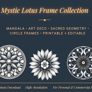 Mystic Lotus Frame Collection – 62 Transparent PNGs | Art Deco Circle Frames, Mandala Clipart, Sacred Geometry, Digital Line Art Bundle