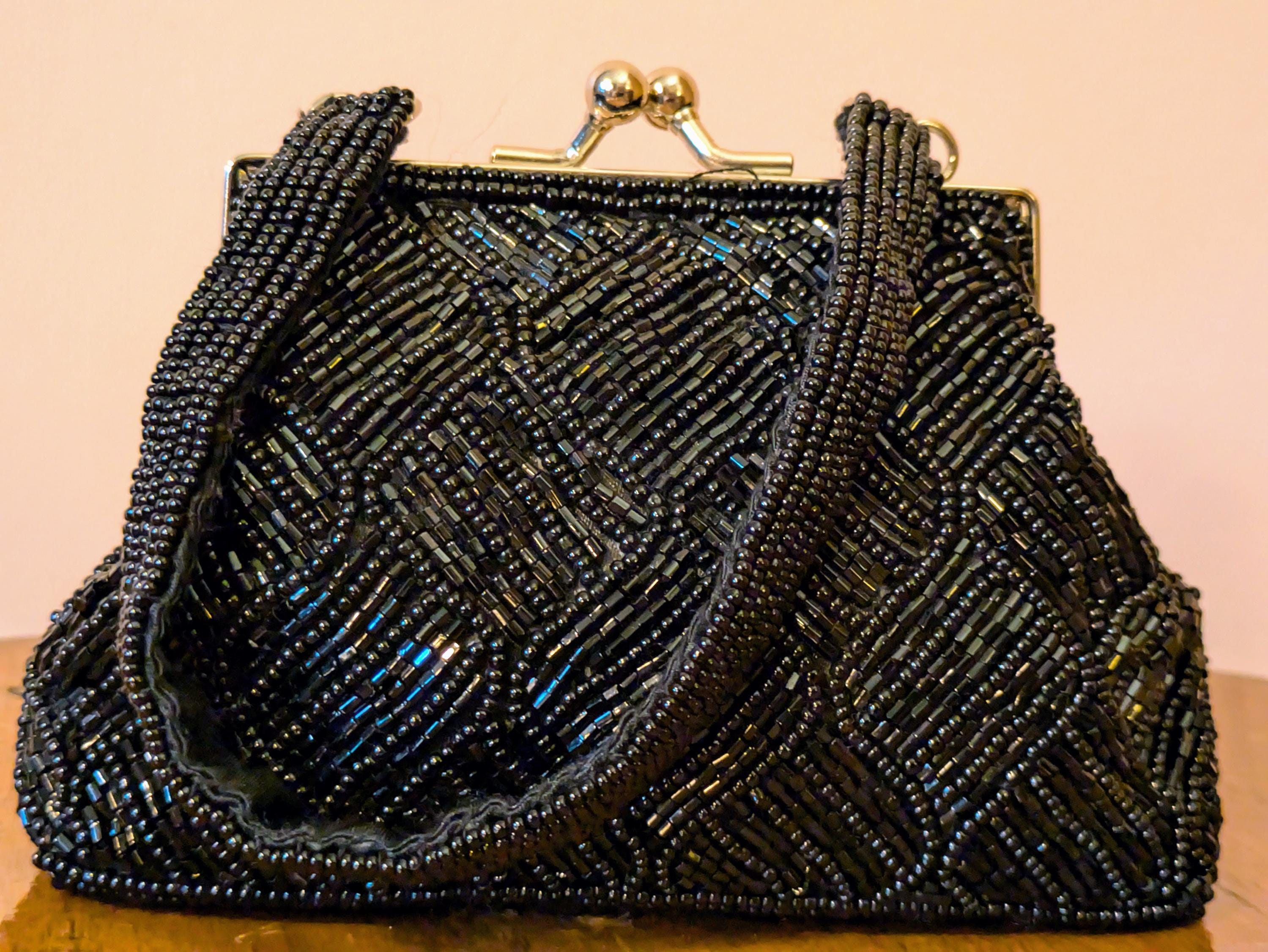 Vintage Beaded Black Tiny Evening Clutch with Small Handle