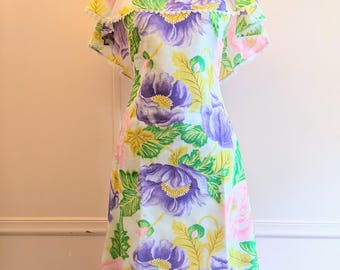 Vintage 60s Hawaiian Maxi Dress: Floral Hibiscus Pastel Gown, Women's Small