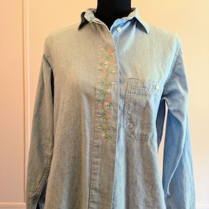90s LL Bean Denim Shirt: Floral Embroidered Light Wash, Made in USA
